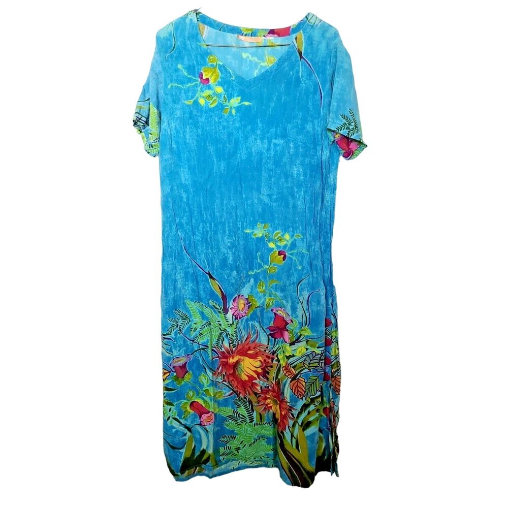 LA Cera Blue Floral Print V-Neck Knit Summer Beach Maxi Dress Womans Size Medium